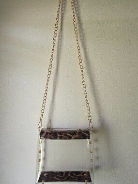 Stadium Approved Clear Crossbody Bag Leopard Print Accents Gold Chain 8"x7" NEW